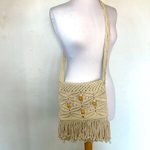 Vintage 70's Hippie Macrame Wooden Beads Fringe Cotton Fibers Shoulder Bag Tote